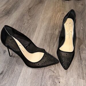 Mesh black rhinestone heels